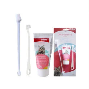 ست مسواک و خمیر دندان گربه بیولاین با طعم پنیر وزن 50 گرم مجموعه 3 عددی - Bioline Dental Hygiene Set
