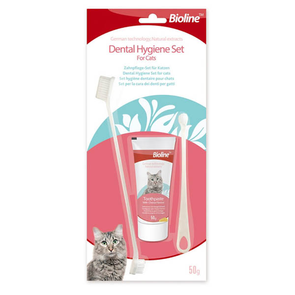ست مسواک و خمیر دندان گربه بیولاین با طعم پنیر وزن 50 گرم مجموعه 3 عددی - Bioline Dental Hygiene Set