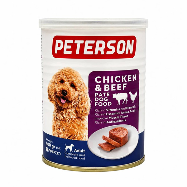 کنسرو سگ بالغ طعم مرغ و گوشت پترسون peterson وزن 400 گرم
