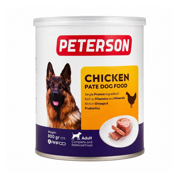 کنسرو سگ بالغ طعم مرغ پترسون peterson وزن 800 گرم