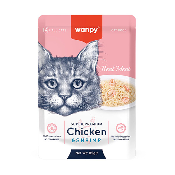 پوچ گربه طعم مرغ و میگو ونپی wanpy وزن 85 گرم